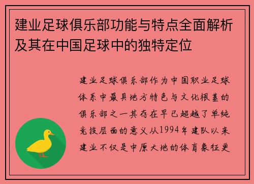 建业足球俱乐部功能与特点全面解析及其在中国足球中的独特定位 建业足球俱乐部功能与特点全面解析及其在中国足球中的独特定位