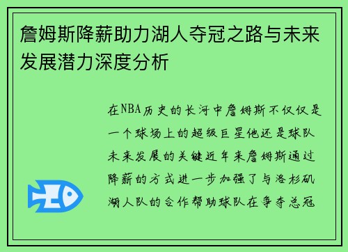 詹姆斯降薪助力湖人夺冠之路与未来发展潜力深度分析 詹姆斯降薪助力湖人夺冠之路与未来发展潜力深度分析